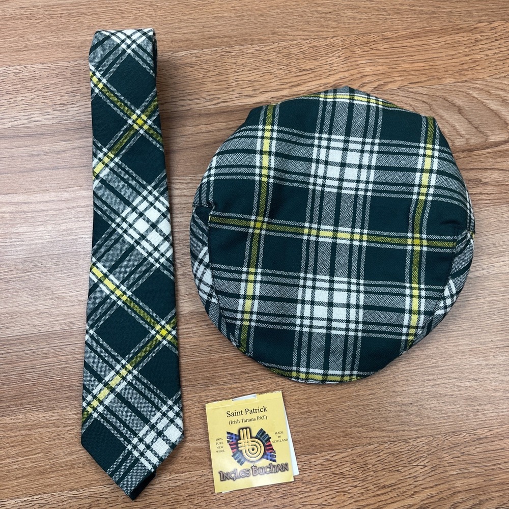 Ingles Buchan Saint Patrick Tartan Plaid 100% Wool‎ Hat & Tie Set Scotland NEW